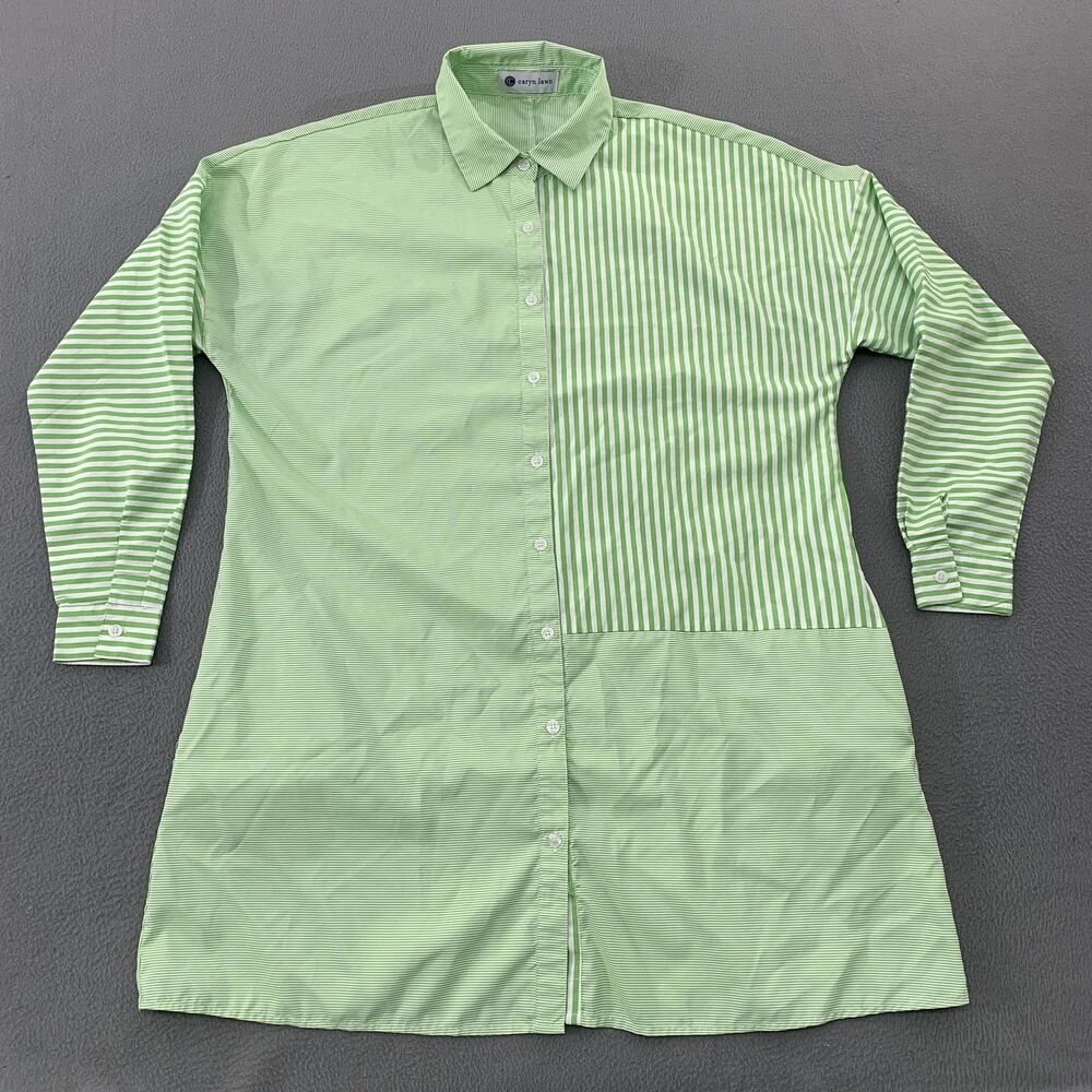 Caryn Lawn Shirt Dress Womens One Size Green Stripe Long Sleeve Button Pockets